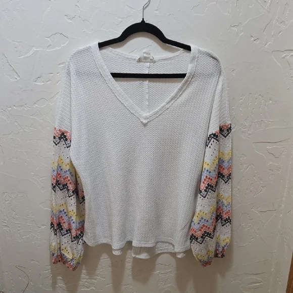 Love Riche White Long Sleeve Top with Multicolor Sleeves - Picture 1 of 6